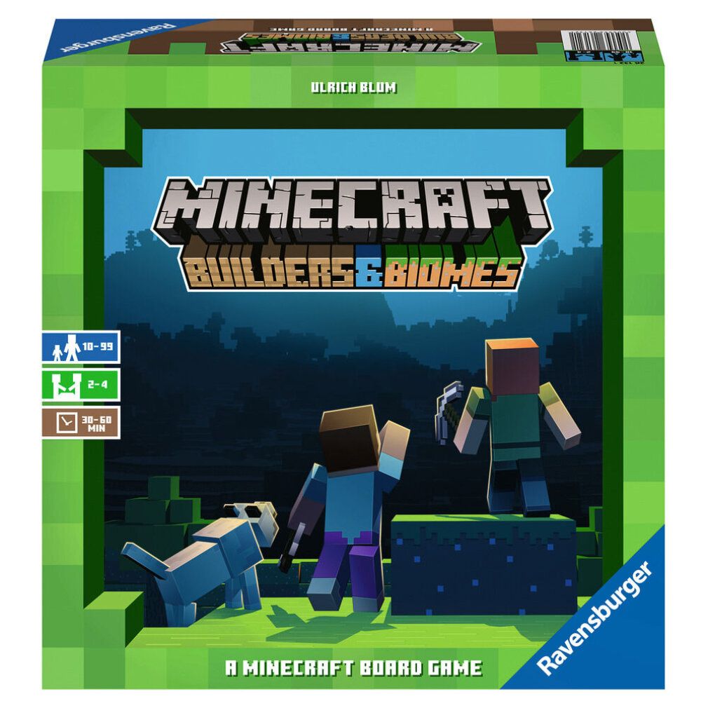 Gioco da tavolo Minecraft Builders & Biomes. Scatola verde e bianca con illustrazioni. Personaggi e logo visibili. Logo Ravensburger.