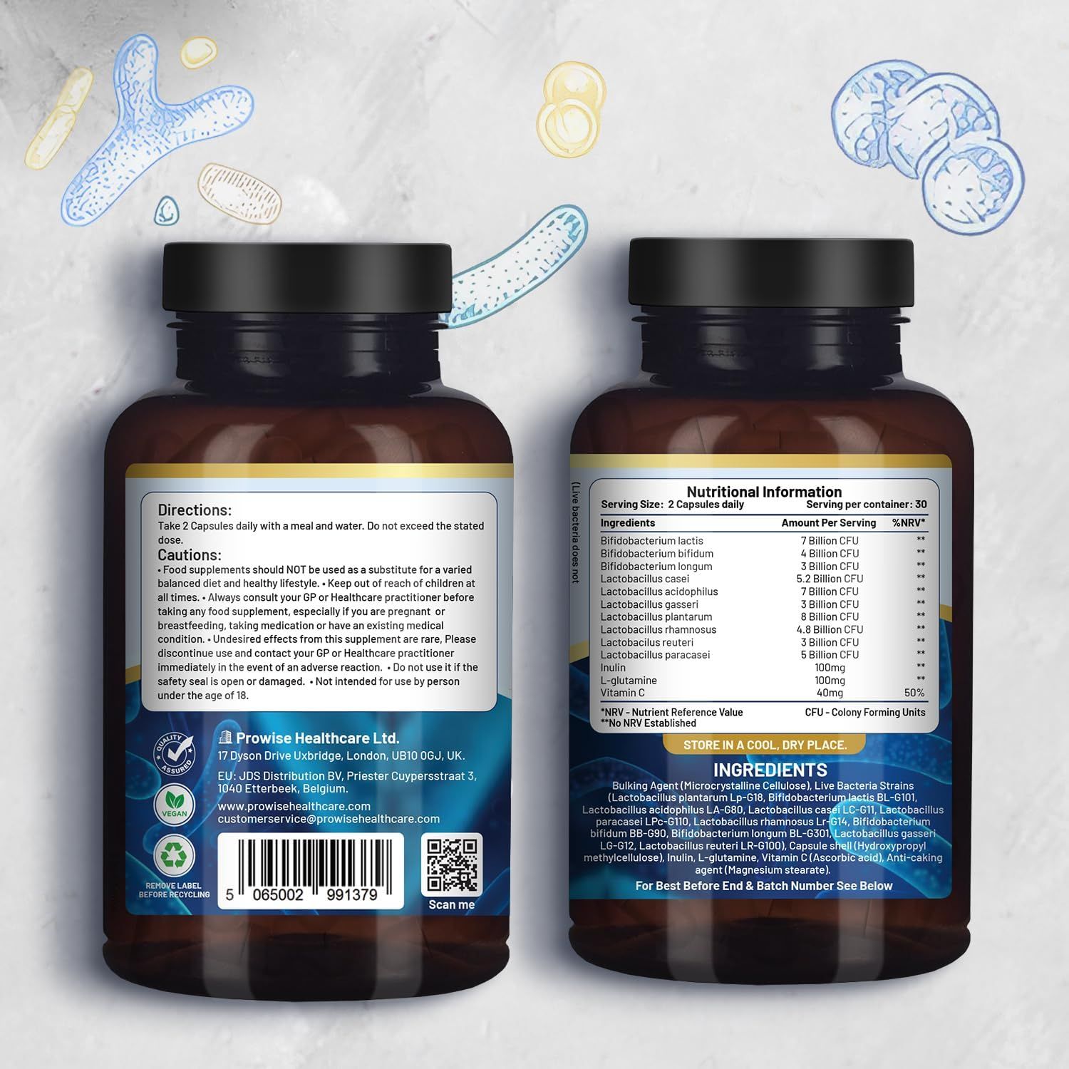 Due bottiglie marroni con tappi neri. Etichette con informazioni sul prodotto e ingredienti. Contiene 60 capsule. Marchio: Prowise Healthcare.