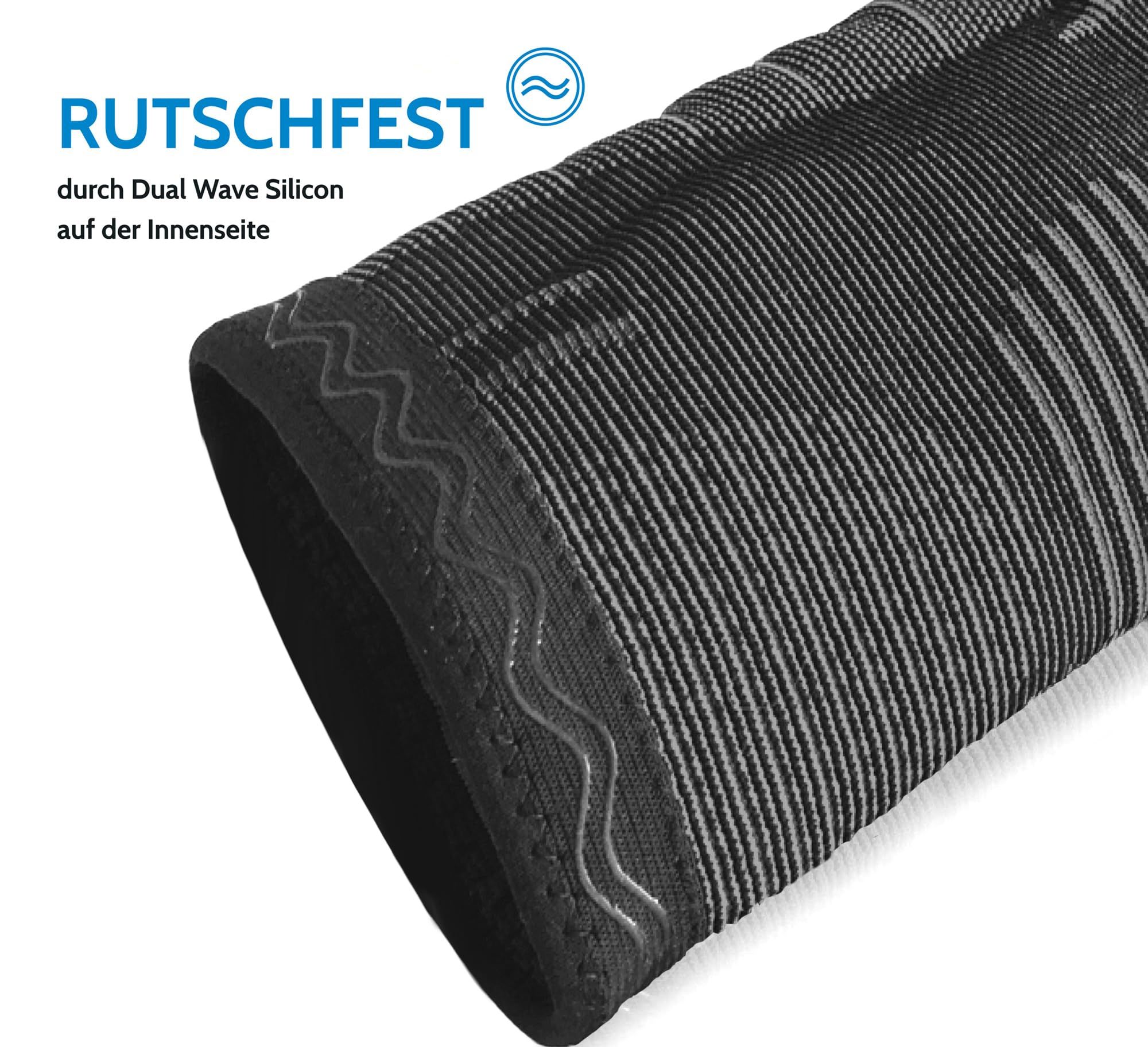 Dettaglio della ginocchiera. Tessuto nero con silicone ondulato. Antiscivolo grazie al silicone Dual Wave.