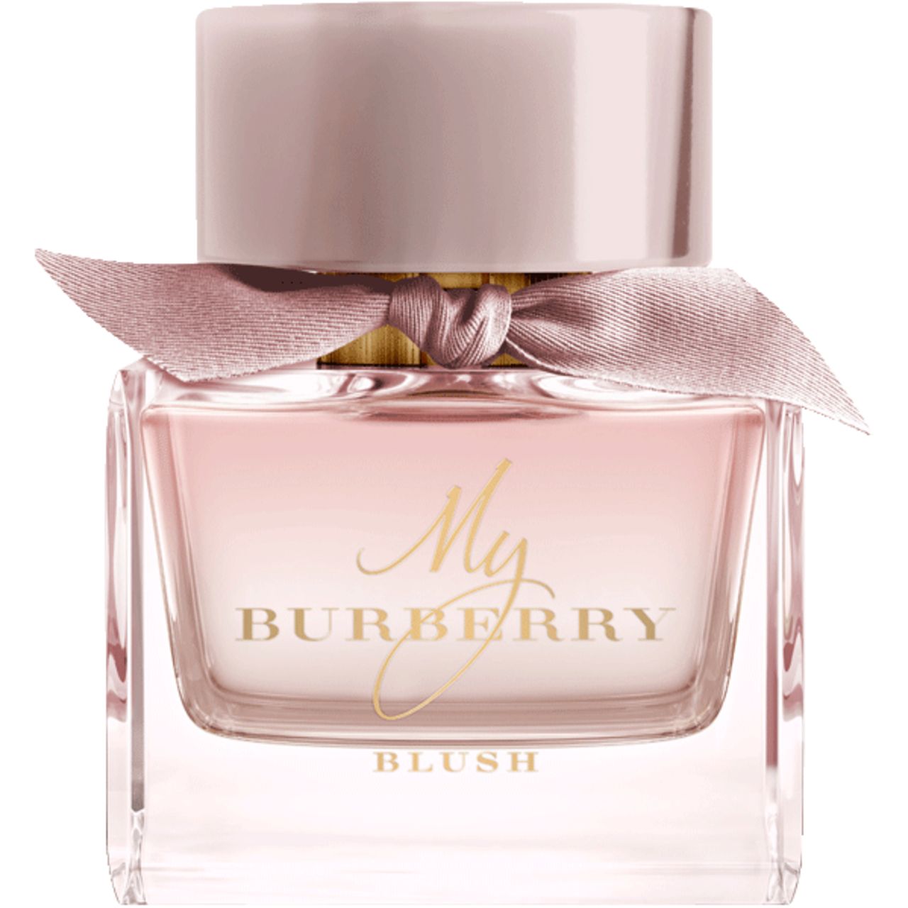 Burberry My Burberry Blush E.d.P. Nat. Spray. Flacone quadrato, liquido rosa, tappo e fiocco rosa. Scritta dorata.