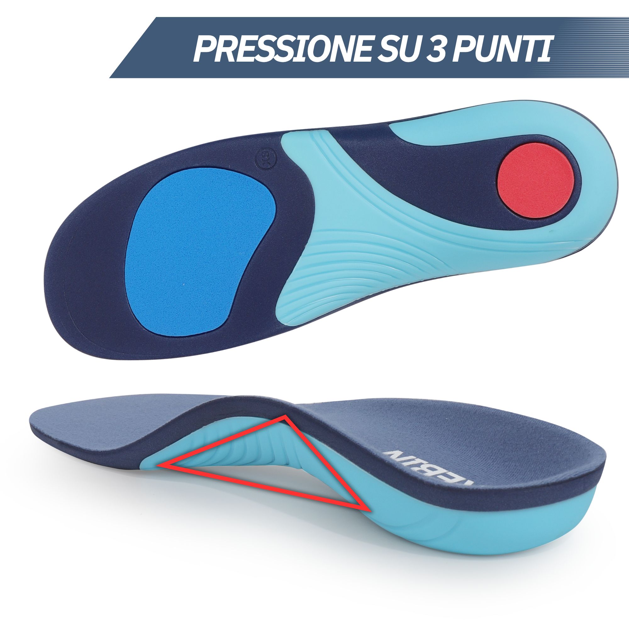 Una soletta ortopedica blu e rossa che mostra la distribuzione della pressione su tre punti.