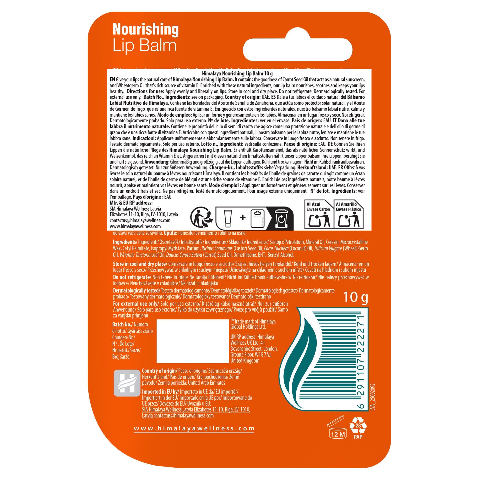 Retro della confezione per Himalaya Nourishing Lip Balm, 10g.