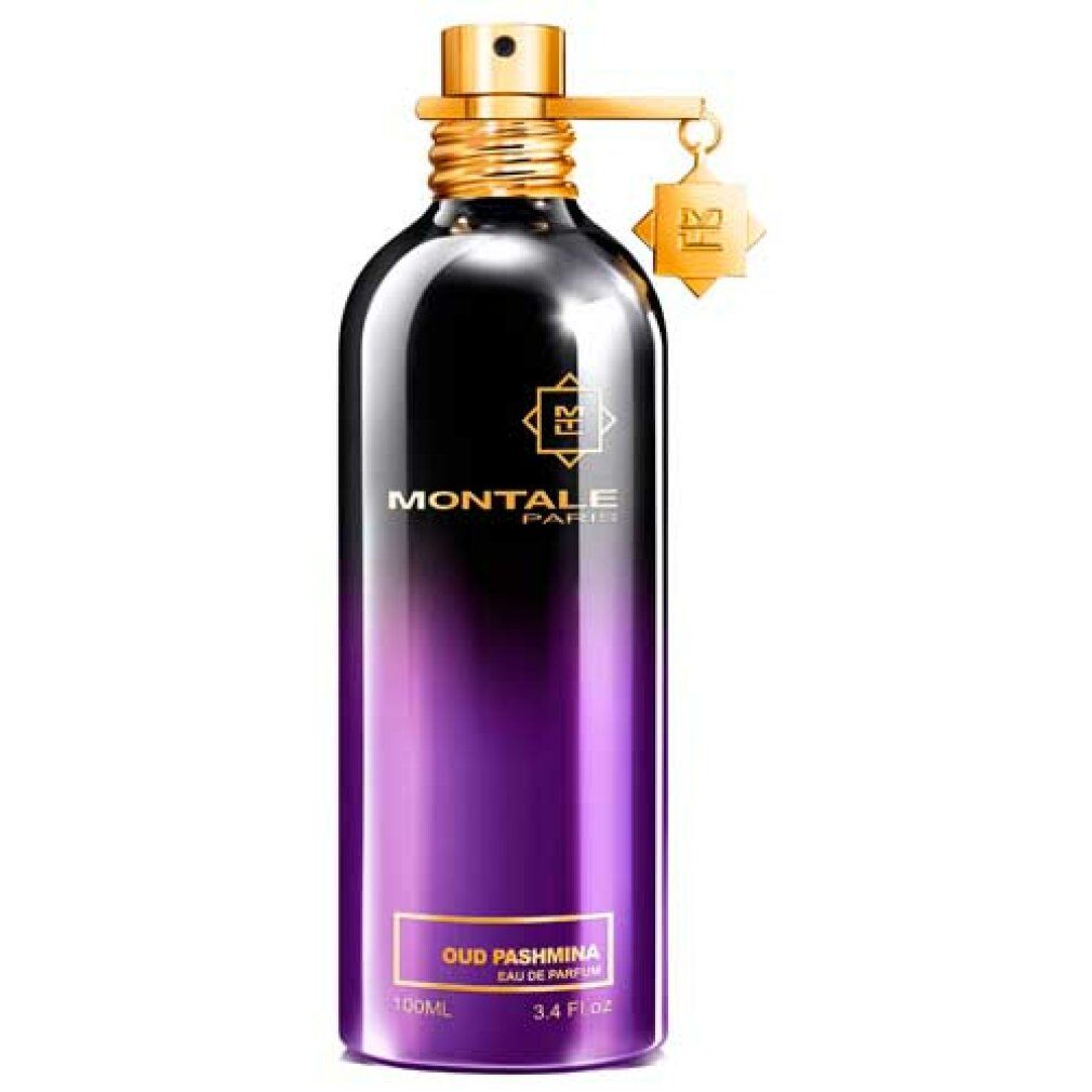 Flacone di profumo con tappo e ciondolo dorati. Sfumatura da nero a viola. Scritta: MONTALE PARIS, OUD PASHMINA.