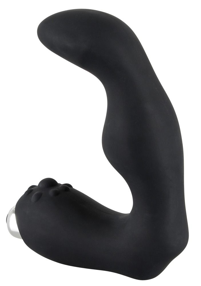 Vibratore prostatico nero, forma curva, area strutturata. Anello metallico. Superficie liscia.