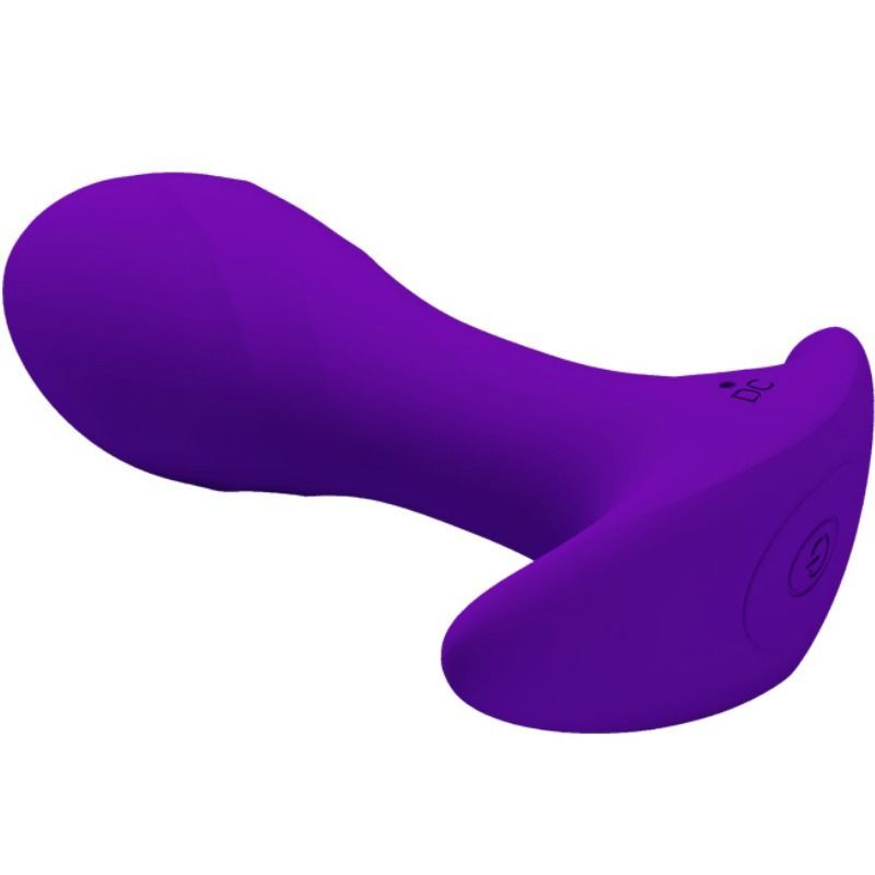 Vibratore anale viola. Forma ergonomica con punta arrotondata e base. Vista laterale.