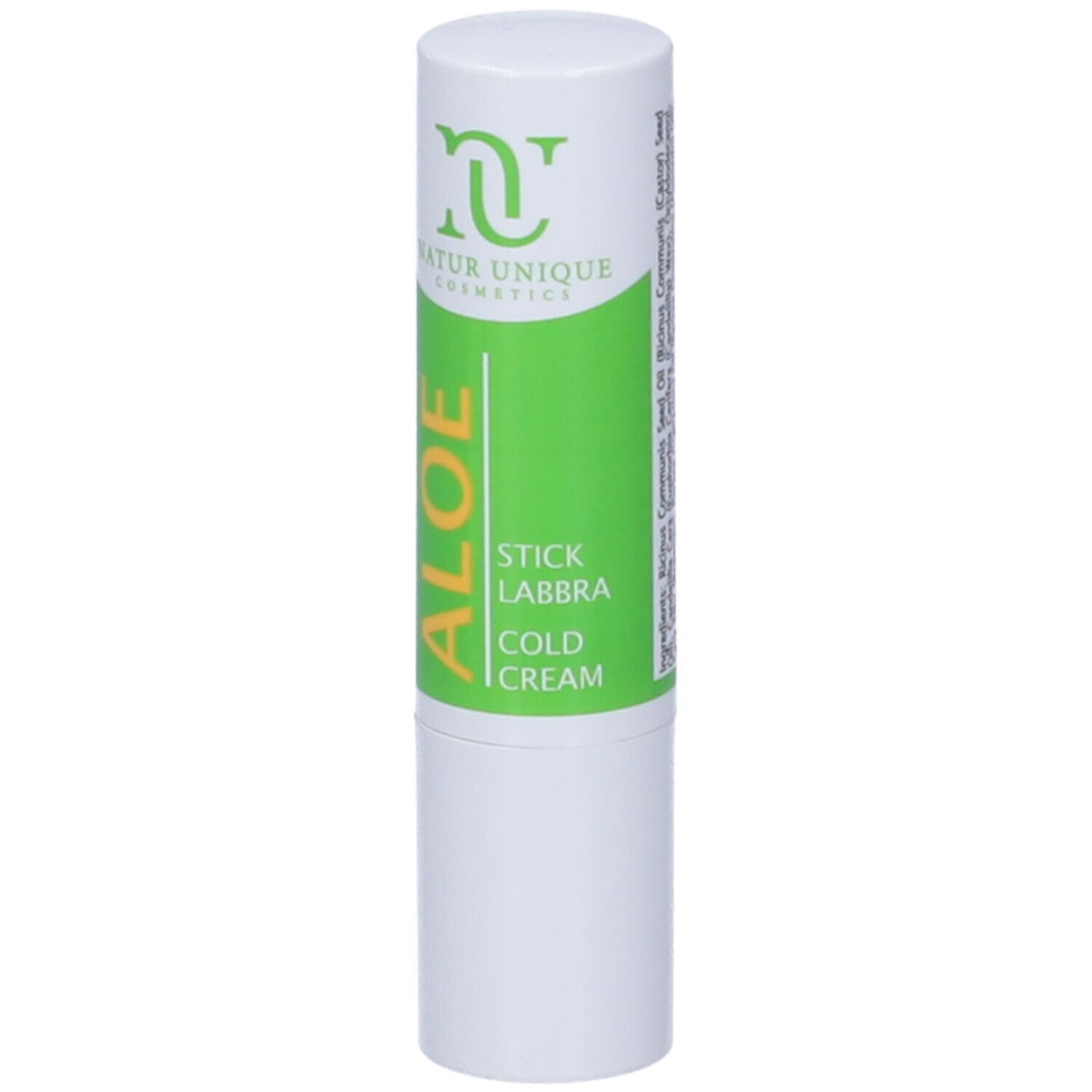 Stick labbra bianco con testo verde. Scritta: Aloe, Stick Labbra, Cold Cream. Logo: Natur Unique Cosmetics.