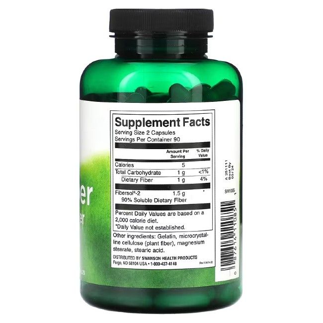 Retro del flacone verde. Etichetta bianca con informazioni nutrizionali. Contiene fibre, Fibersol-2. Elenco ingredienti.