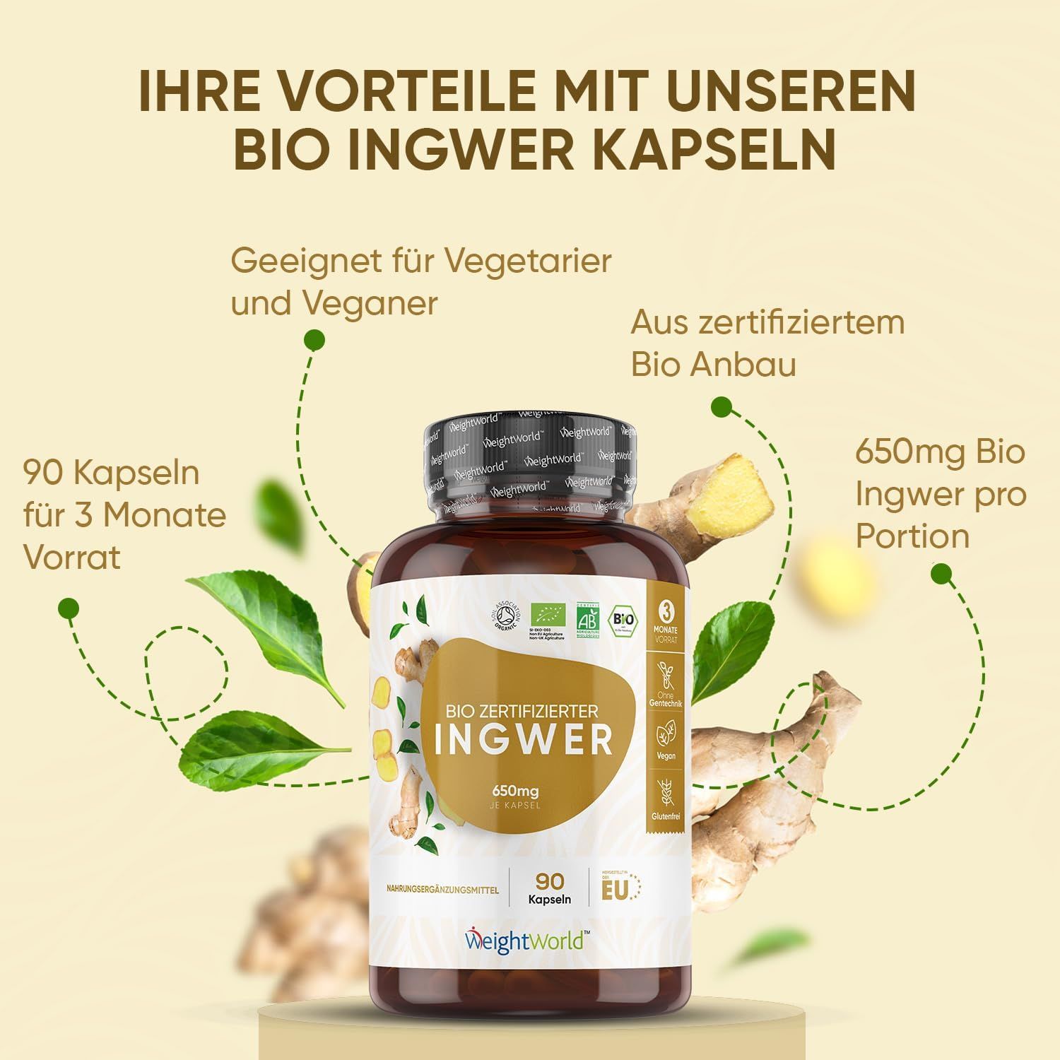Immagine del prodotto con flacone di capsule di zenzero. Scritta: 90 capsule, 3 mesi di fornitura, 650mg di zenzero bio per porzione. Adatto ai vegani.
