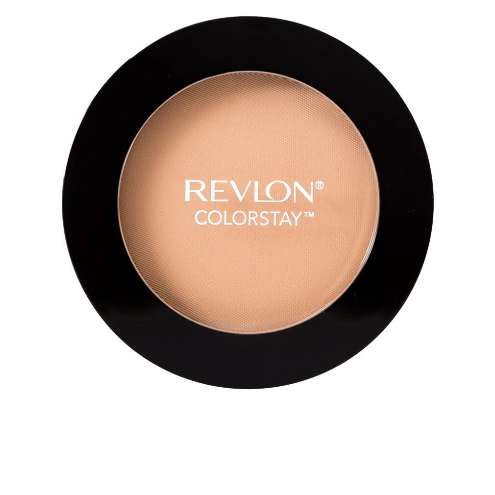 Cipria compatta rotonda in un contenitore nero. REVLON COLORSTAY è scritto sulla cipria.
