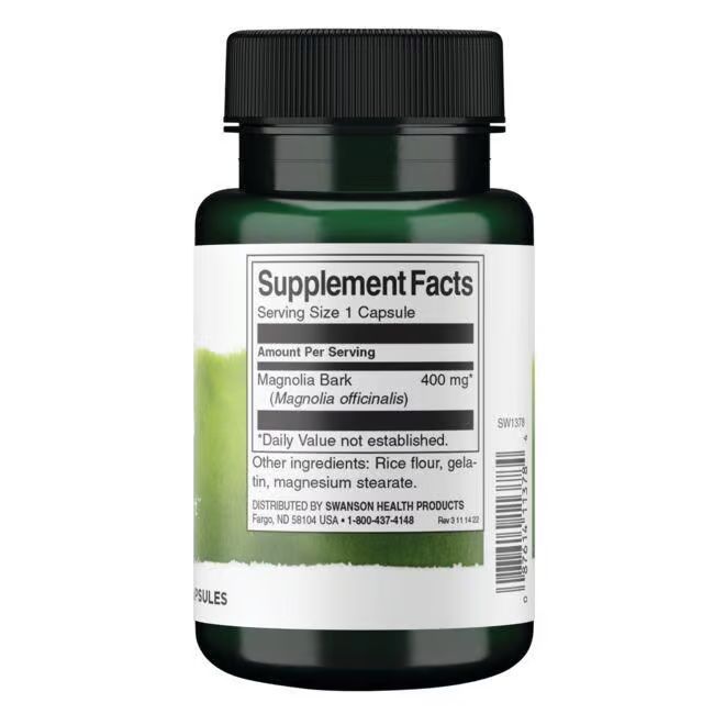 Retro del flacone verde di capsule. Scritta: Supplement Facts, Magnolia Bark, 400 mg. Elenco ingredienti.