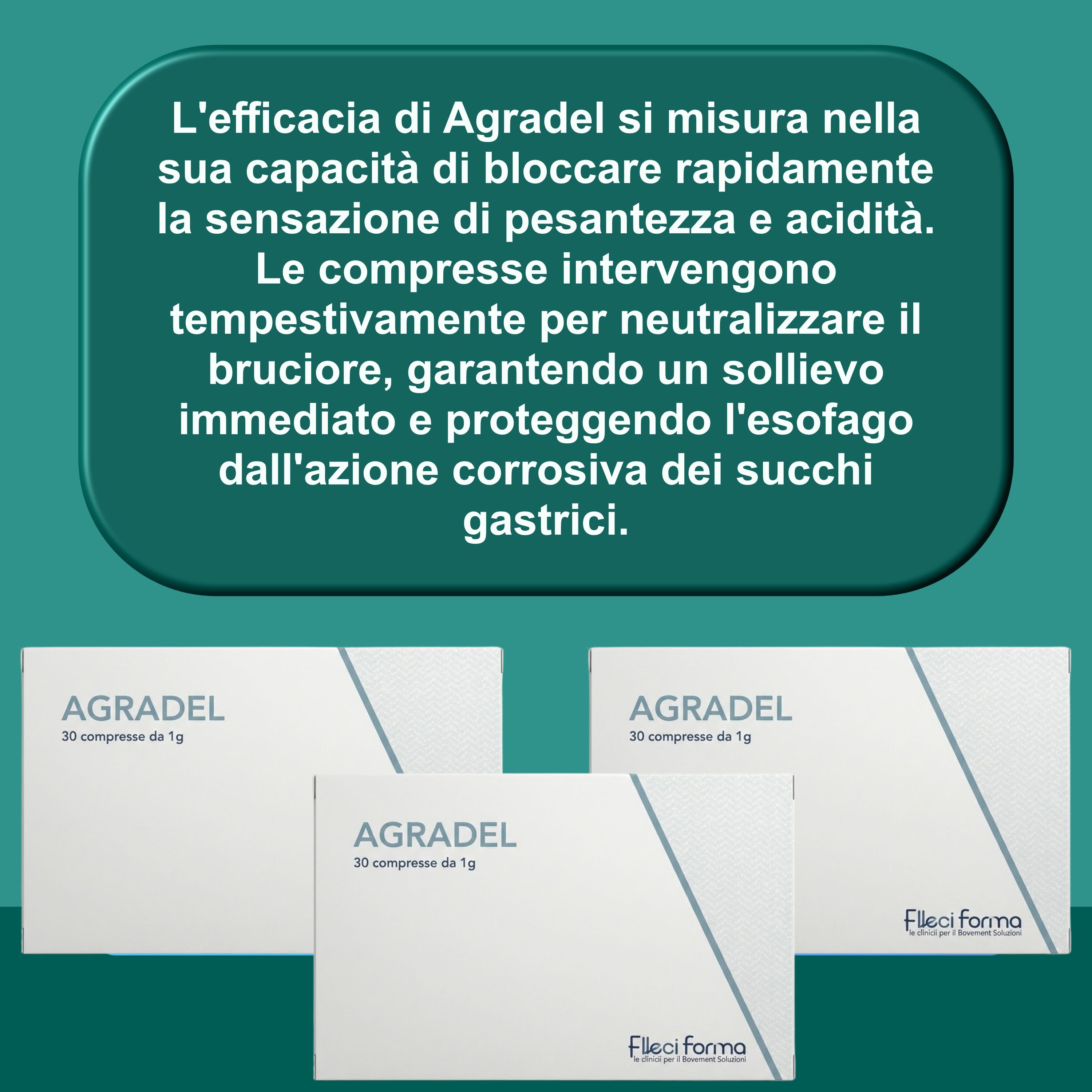 Tre scatole Agradel. Testo: Agradel, 30 compresse da 1g. Logo Elleci Farma.