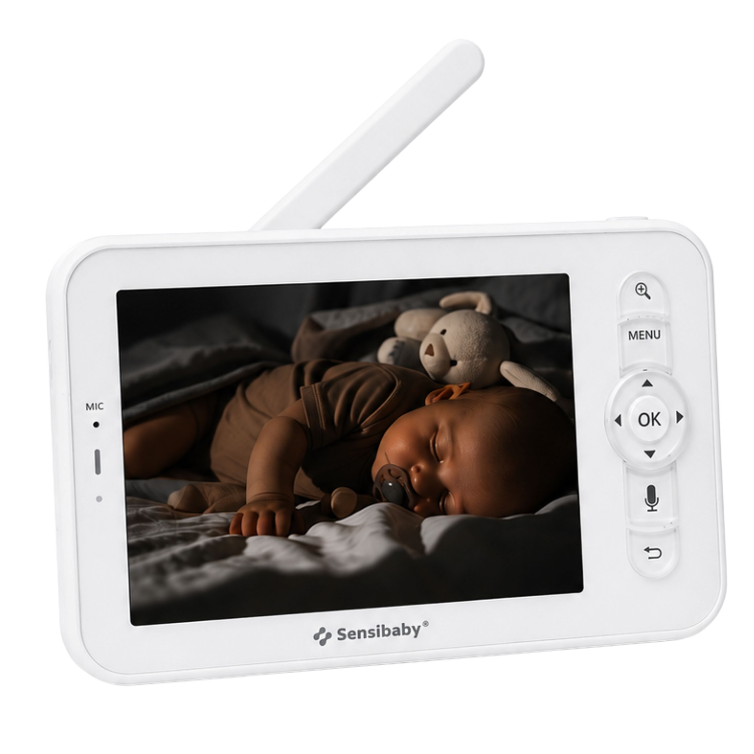 Baby monitor digitale con custodia bianca e schermo che mostra un bambino addormentato. Logo Sensibaby.