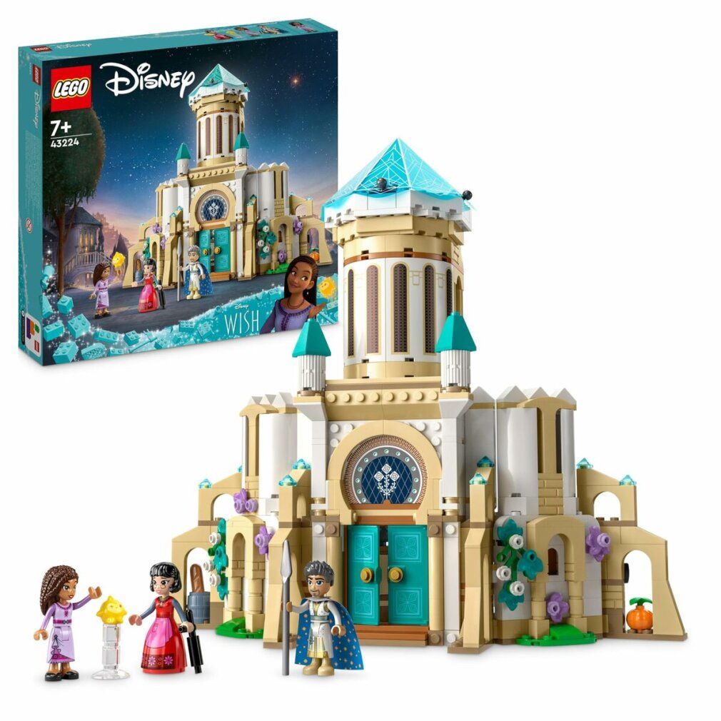 LEGO Disney Wish 43224 Castello. Set con personaggi e castello. Confezione sullo sfondo. Personaggi davanti al castello.
