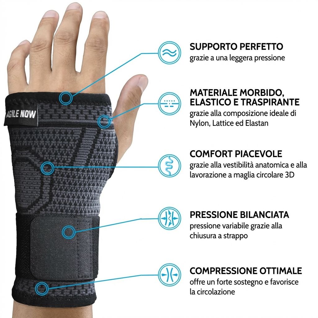 Tutore per polso nero-grigio. Chiusura a strappo. Testo: AGILE NOW. Forma anatomica, traspirante.