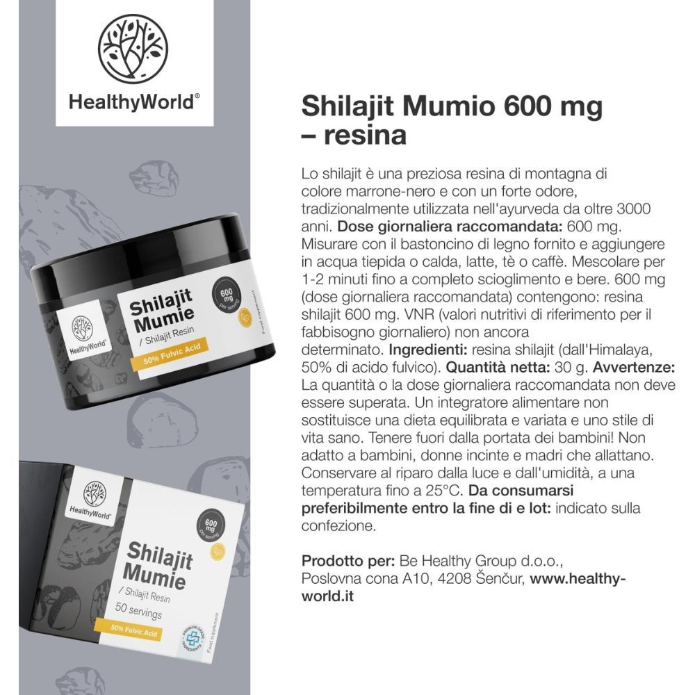 Confezione e barattolo del prodotto. Testo: Shilajit Mumio 600 mg - resina. Marchio: HealthyWorld. Testo: 50 dosi.
