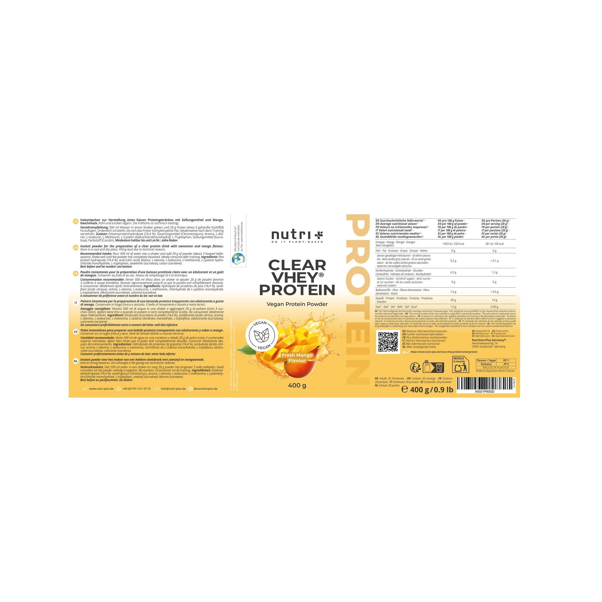 Etichetta gialla con informazioni sul prodotto. Scritta: nutri+ Clear Whey Protein, Vegan Protein Powder, gusto mango. 400g.