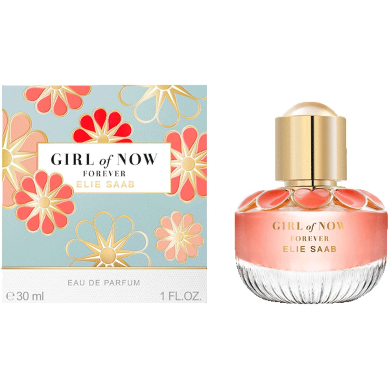 Flacone di profumo con tappo dorato e liquido rosa. Scritta: GIRL of NOW FOREVER ELIE SAAB. Accanto, una scatola con motivi floreali.