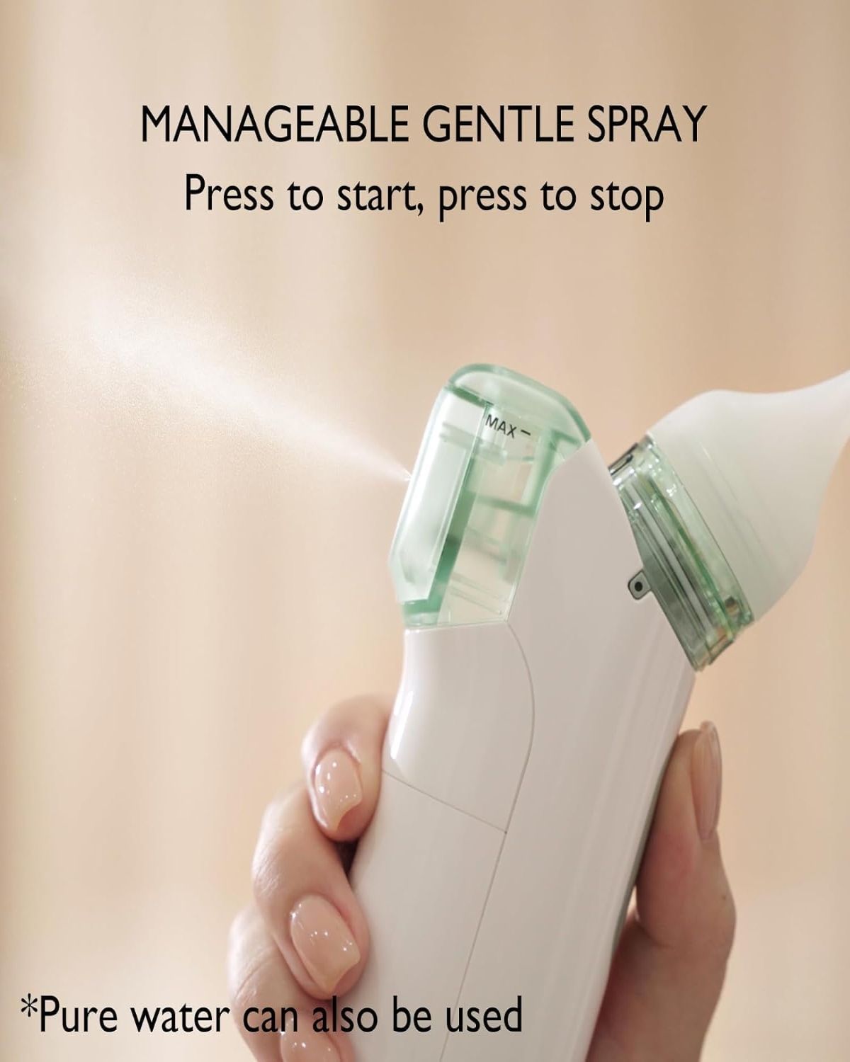 Aspiratore nasale che spruzza. Logo Momcozy. Spruzzo delicato. È possibile utilizzare solo acqua.