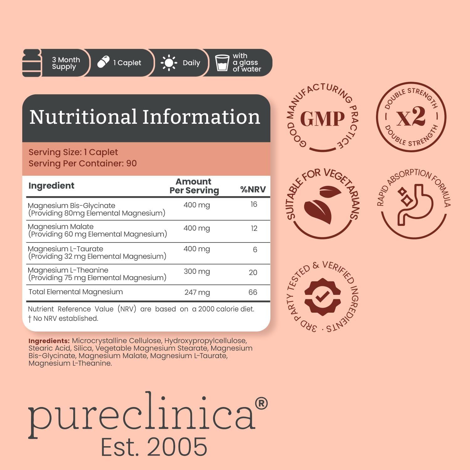Tabella nutrizionale con ingredienti e %VNR. Contiene bisglicinato, malato, L-taurato, L-teanina di magnesio. Certificato GMP, adatto ai vegetariani.