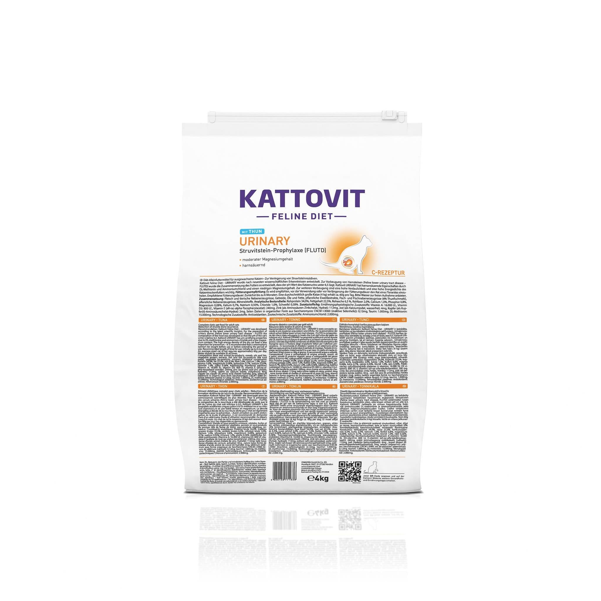 Sacchetto bianco di crocchette KATTOVIT Urinary. Scritta: Feline Diet, Urinary, profilassi dei calcoli di struvite. 4 kg. Illustrazione di gatto.