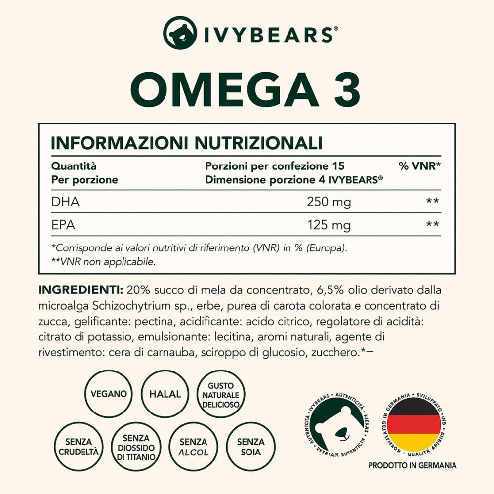 Informazioni nutrizionali per Omega 3. Dettagli su DHA e EPA. Elenco ingredienti. Loghi: Vegan, Halal, Gusto naturale, Cruelty Free, ecc.
