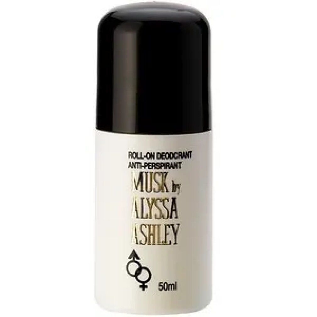 Deodorante roll-on con tappo nero. Scritta: Musk by Alyssa Ashley, 50 ml, anti-traspirante.