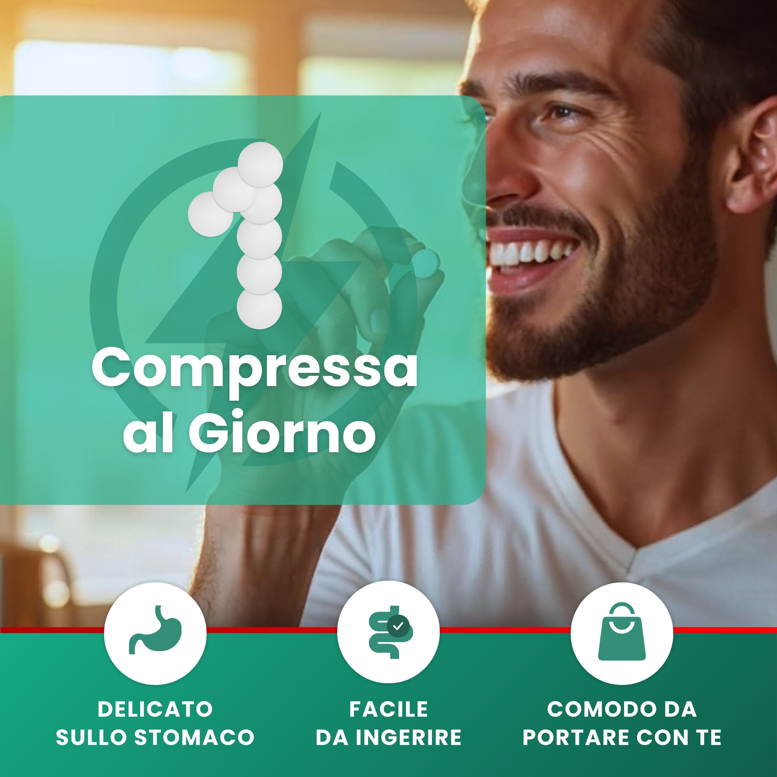 Uomo che tiene compresse. Testo: 1 compressa al giorno. Delicato sullo stomaco, facile da ingerire, comodo da portare.