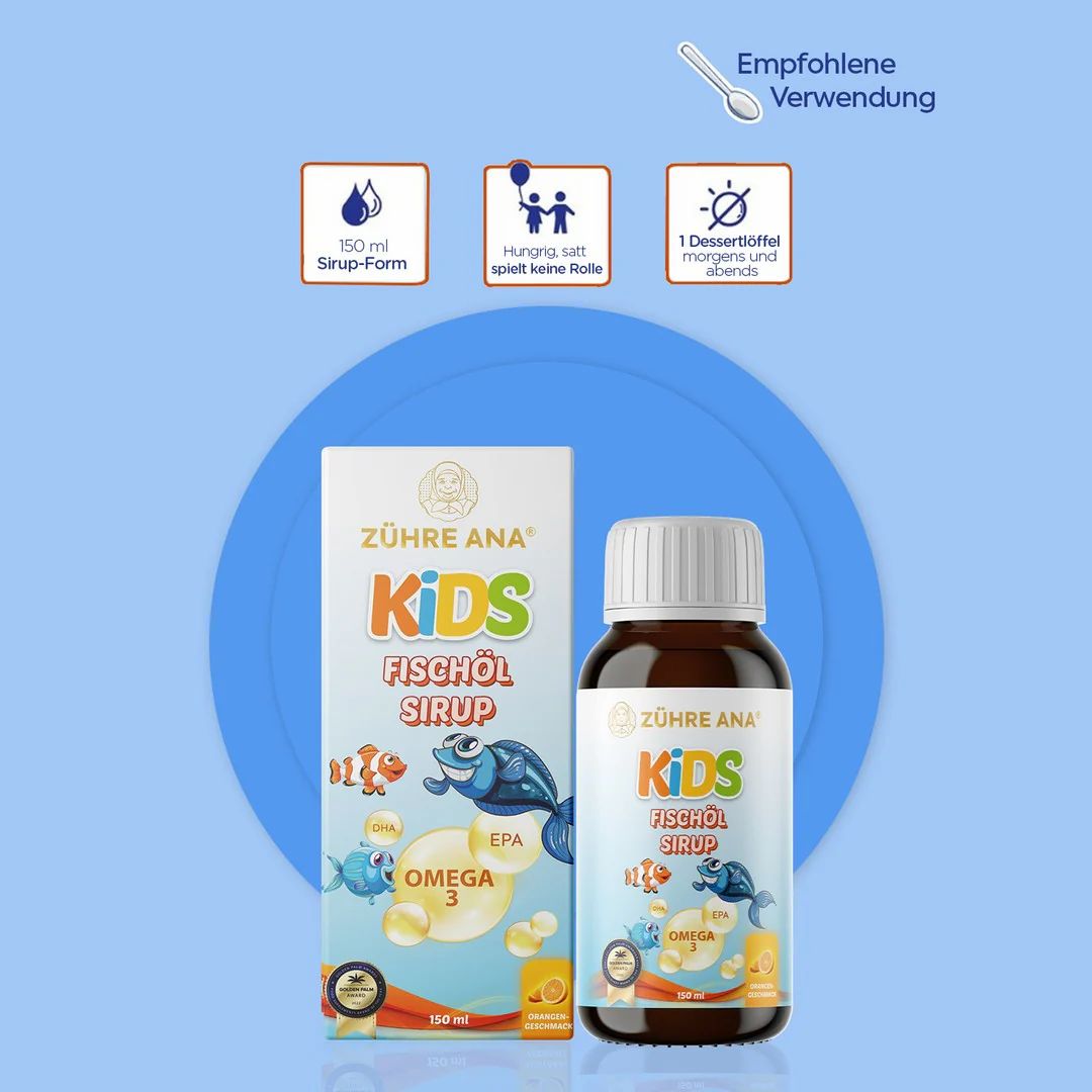 Zühre Ana Kids Fischöl Sirup bottiglia e scatola, con icone per dosaggio e uso.
