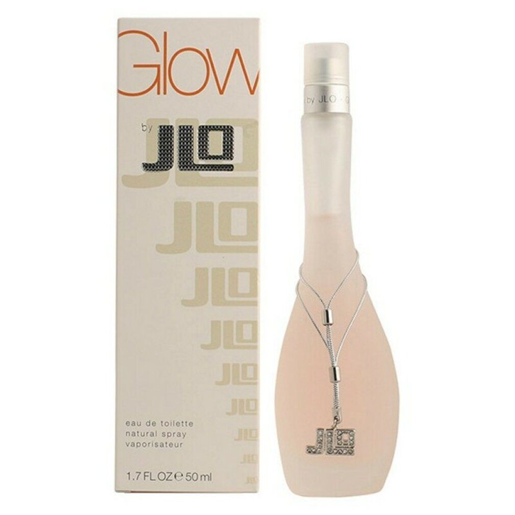 Flacone di profumo e scatola. La scatola indica "Glow" e "jLo". Il flacone è allungato con una catena.