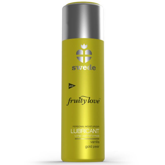 Flacone giallo con tappo argentato. Logo "swede", scritta "fruity love" e "LUBRICANT".