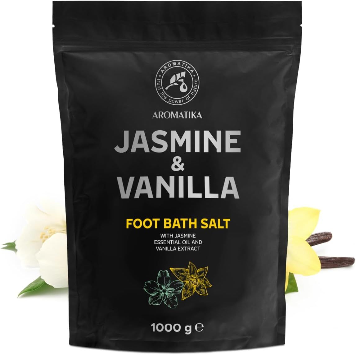 Confezione nera con nome prodotto Jasmin & Vanille. Contiene sale da bagno per i piedi. Con olio di gelsomino ed estratto di vaniglia. 1000 g.