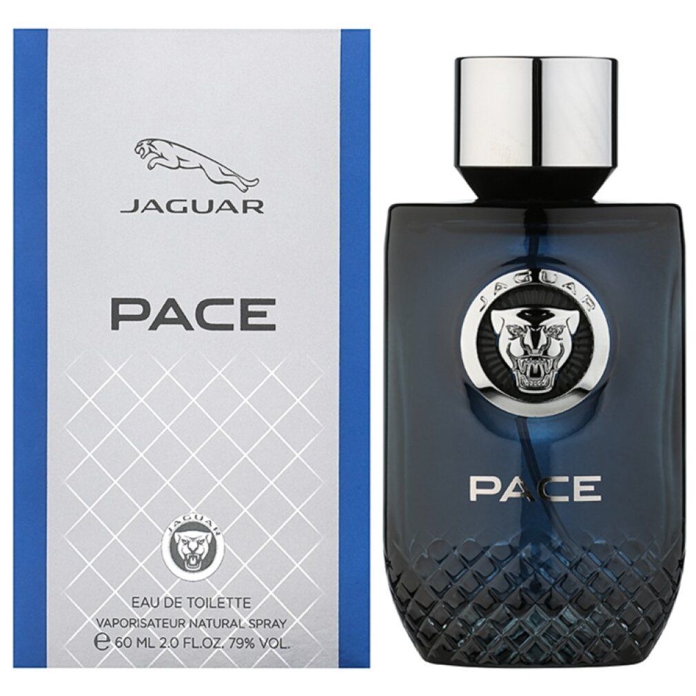 Spray Eau de Toilette blu con tappo argentato e confezione. Scritta: Jaguar Pace. Logo: felino Jaguar.