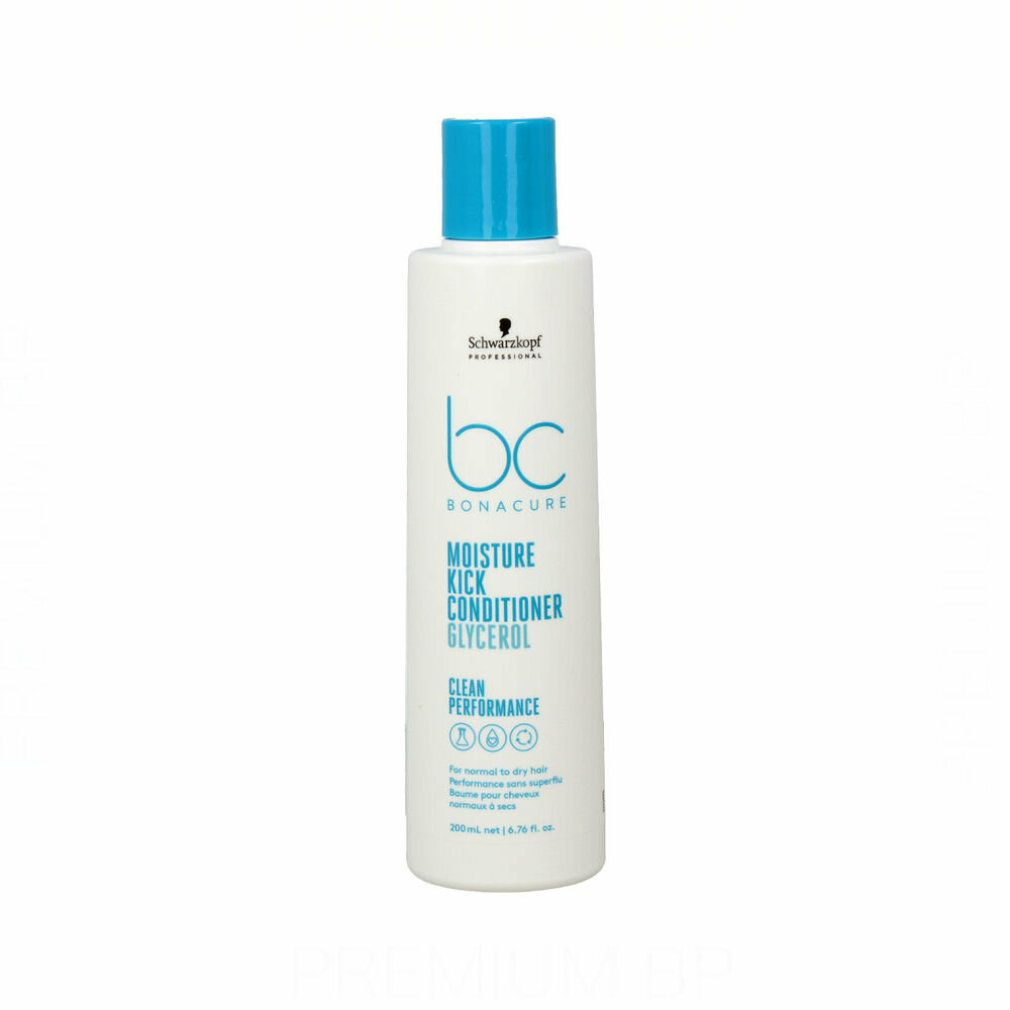 Flacone bianco con tappo blu. Scritta: Bonacure Moisture Kick Conditioner. Schwarzkopf Professional.