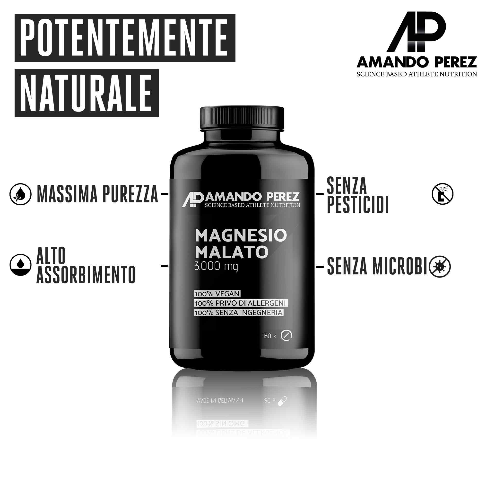 Flacone nero Armando Perez Magnesio Malato 5.000 mg. 100% vegan, senza pesticidi e microbi.
