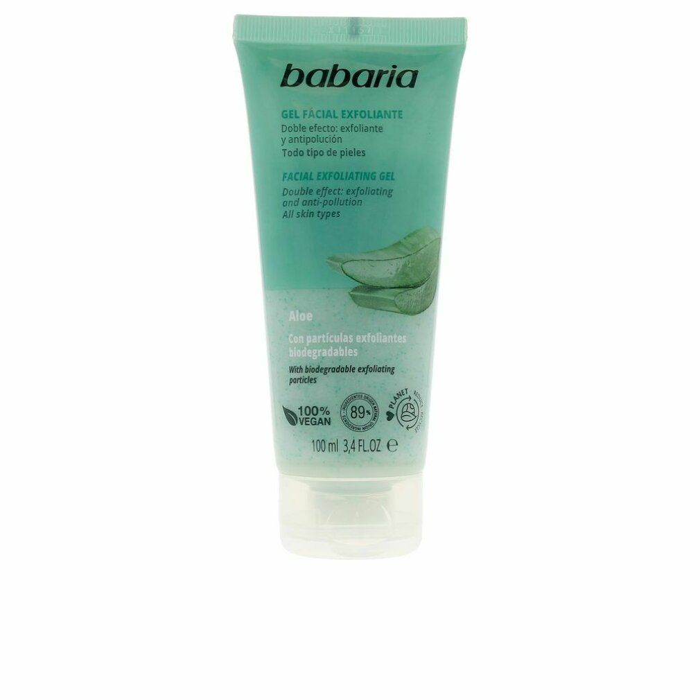 Tubo di gel esfoliante viso Babaria Aloe. Tubo turchese con tappo bianco. Testo: 'Aloe', 'Gel Facial Exfoliante', 'Vegan'.