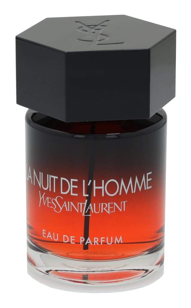 Flacone rotondo con tappo nero. Sfumatura da trasparente a rosso. Scritta: La Nuit de l'Homme, Eau de Parfum. Logo YSL.