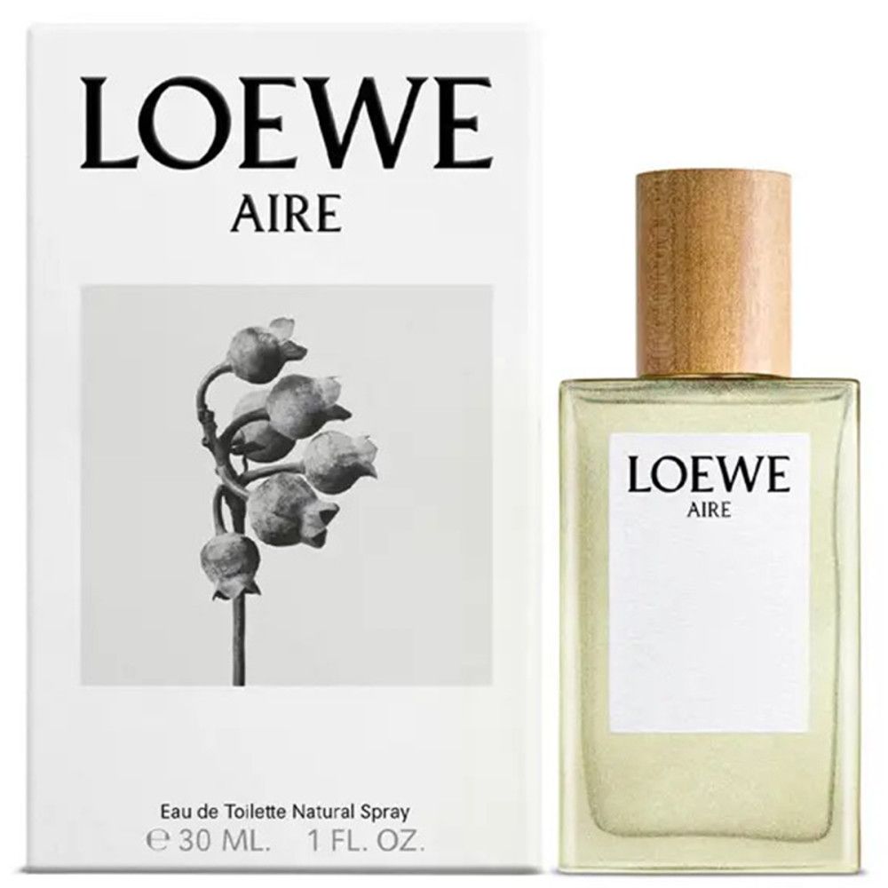 Loewe Aire Eau de Toilette 30 ml. Flacone con tappo in legno e confezione bianca con motivo floreale. Testo: Loewe Aire.