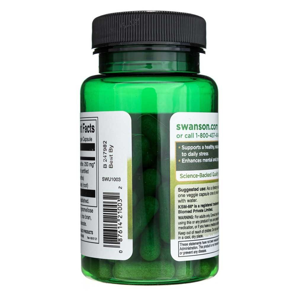 Lato di un flacone verde di Swanson Ultimate Ashwagandha, Swanson.com e istruzioni per l'uso.
