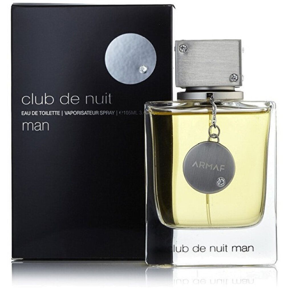 Spray Eau de Toilette con confezione nera. Scritta: Club de Nuit Man. Flacone accanto.