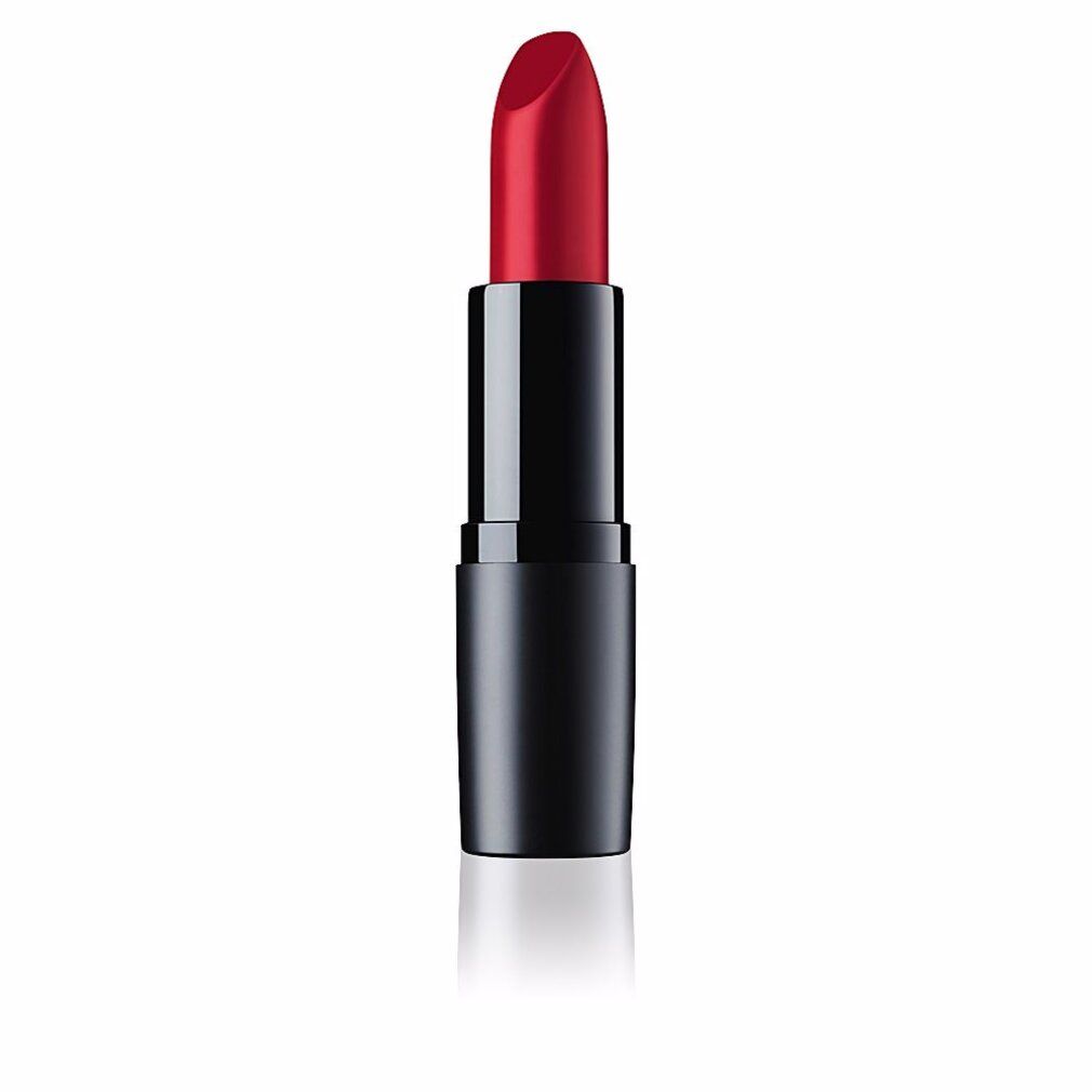Rossetto rosso in un astuccio nero. Forma cilindrica, superficie liscia.