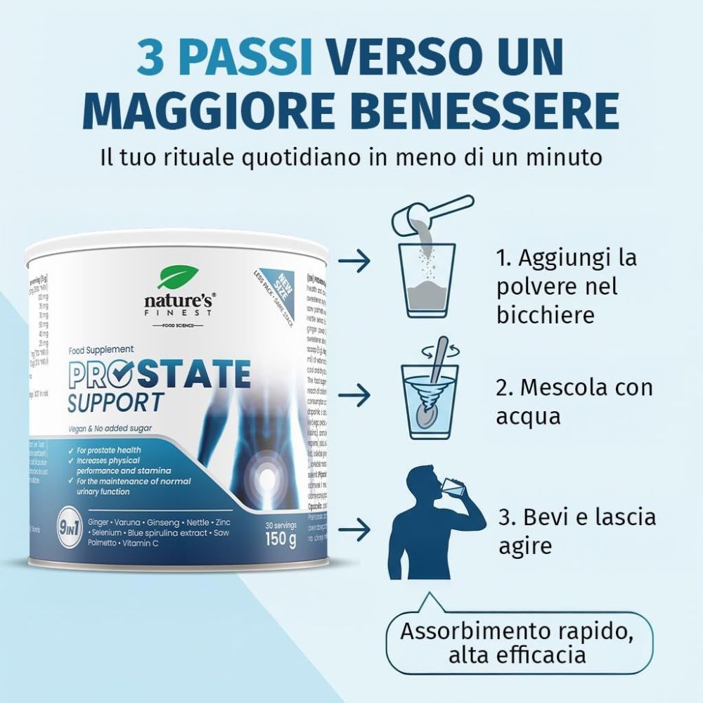 Barattolo Nature's Finest Prostate Support, 3 passi per preparazione, bere.