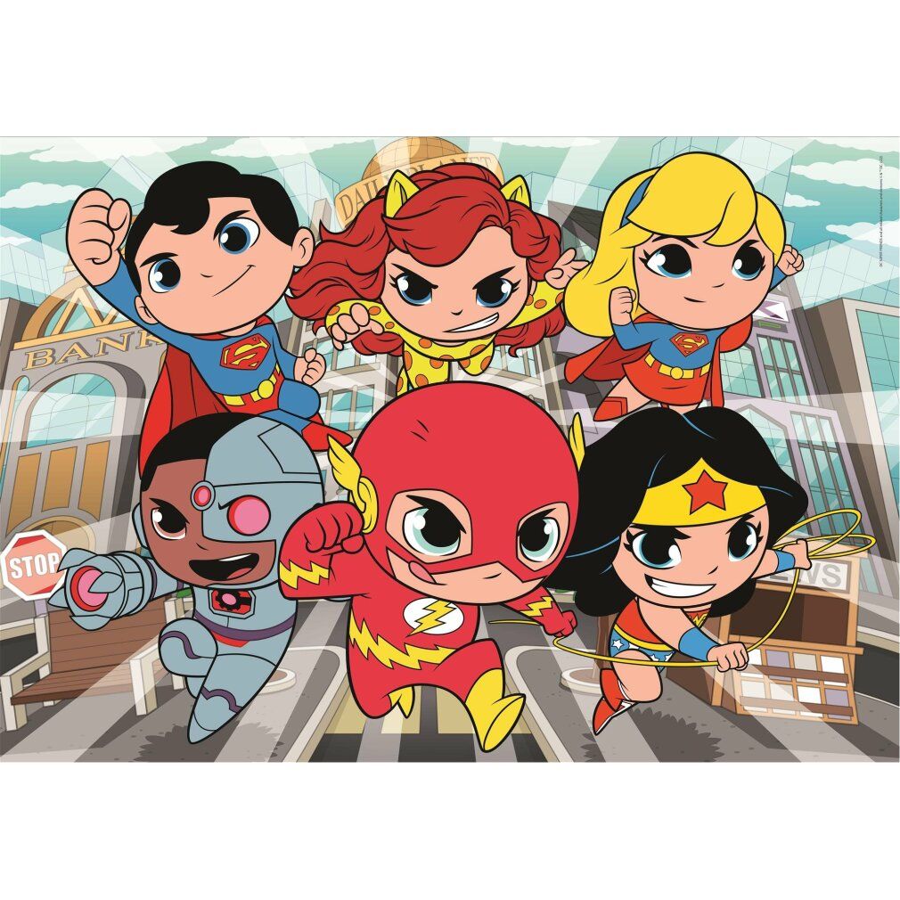 Puzzle DC Super Friends Maxi, 104 pezzi. Illustrazione di supereroi. Età: 4+. Senza confezione, pezzi visibili.