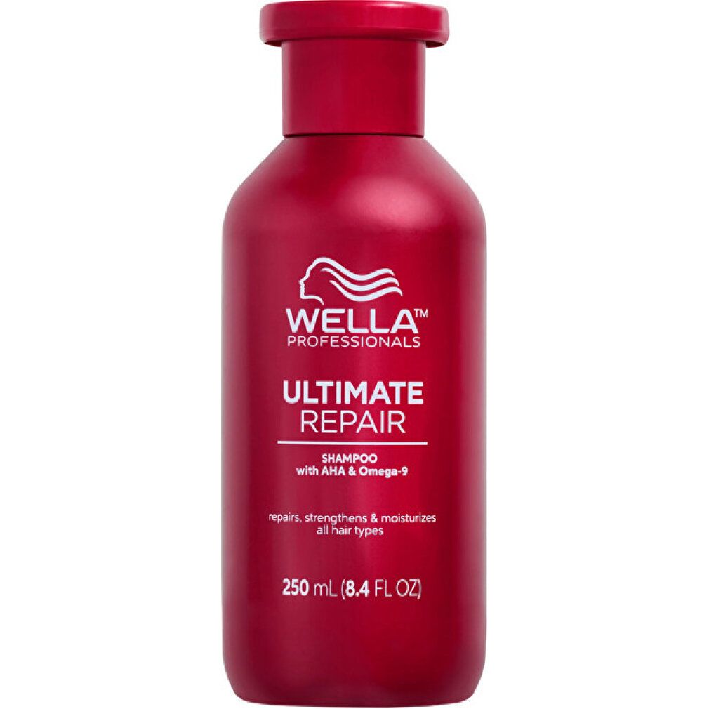 Shampoo Wella Ultimate Repair, flacone da 250ml. Confezione rossa con logo e testo bianchi.