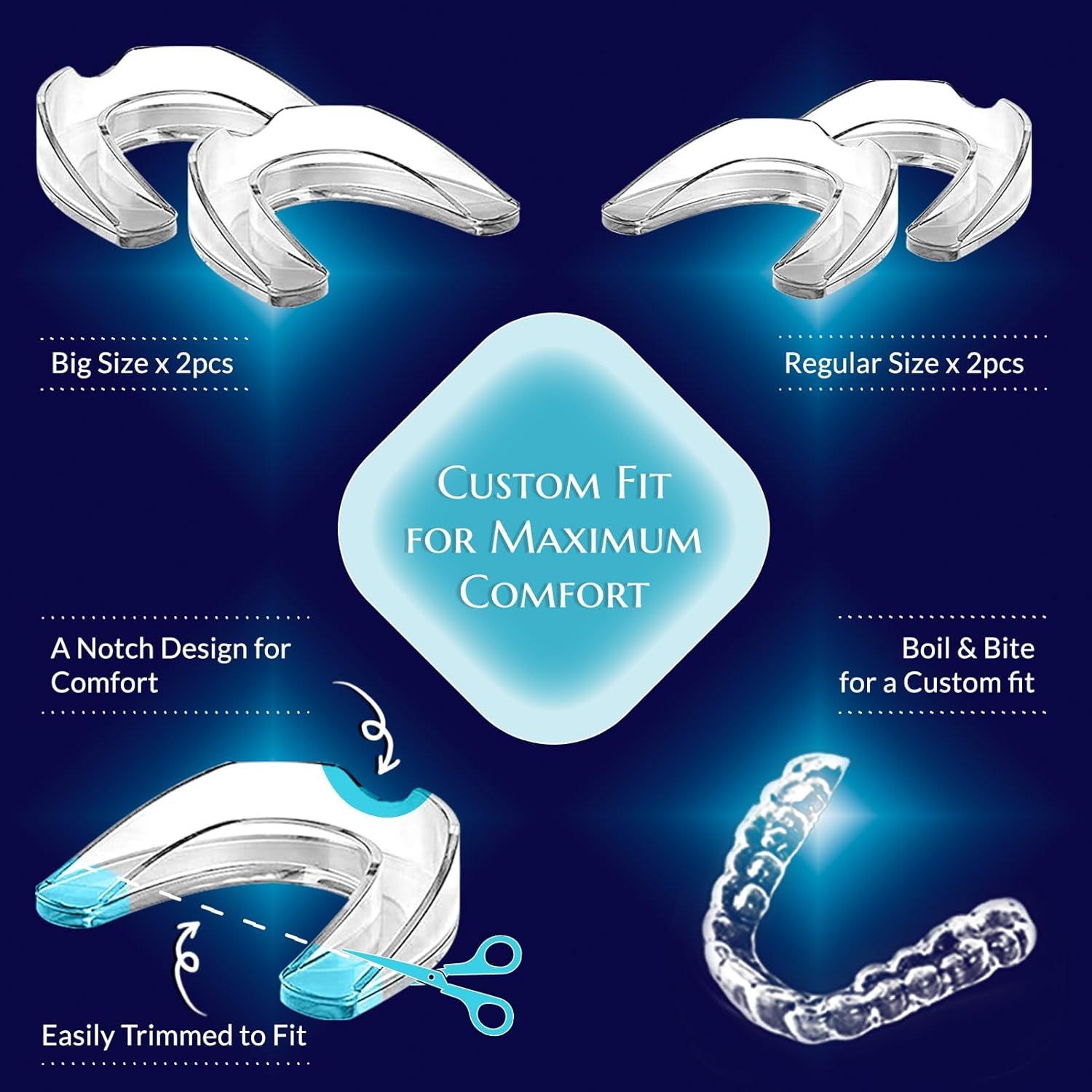 Paradenti, 4 pezzi, 2 misure. Testo: Vestibilità personalizzata per il comfort. Tagliare, Boil & Bite. Sfondo blu.