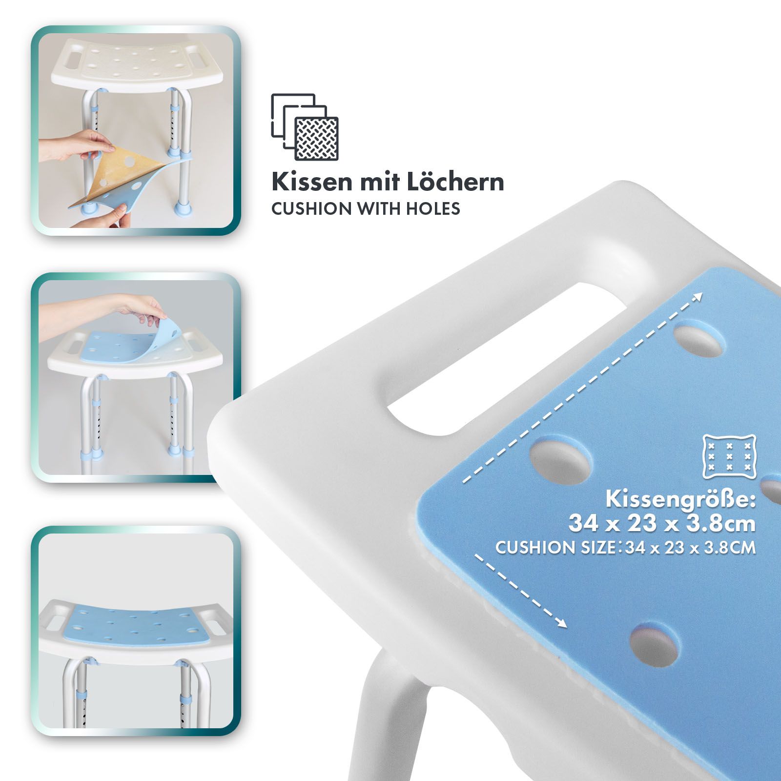 Sgabello da doccia blu. Cuscino con fori. Dimensioni cuscino: 34 x 23 x 3,8 cm. Primo piano.