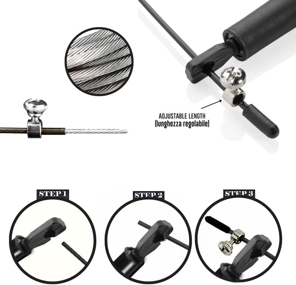 Primo piano del cavo di una corda per saltare e dettagli di regolazione della lunghezza. Testo: 'Adjustable length'.