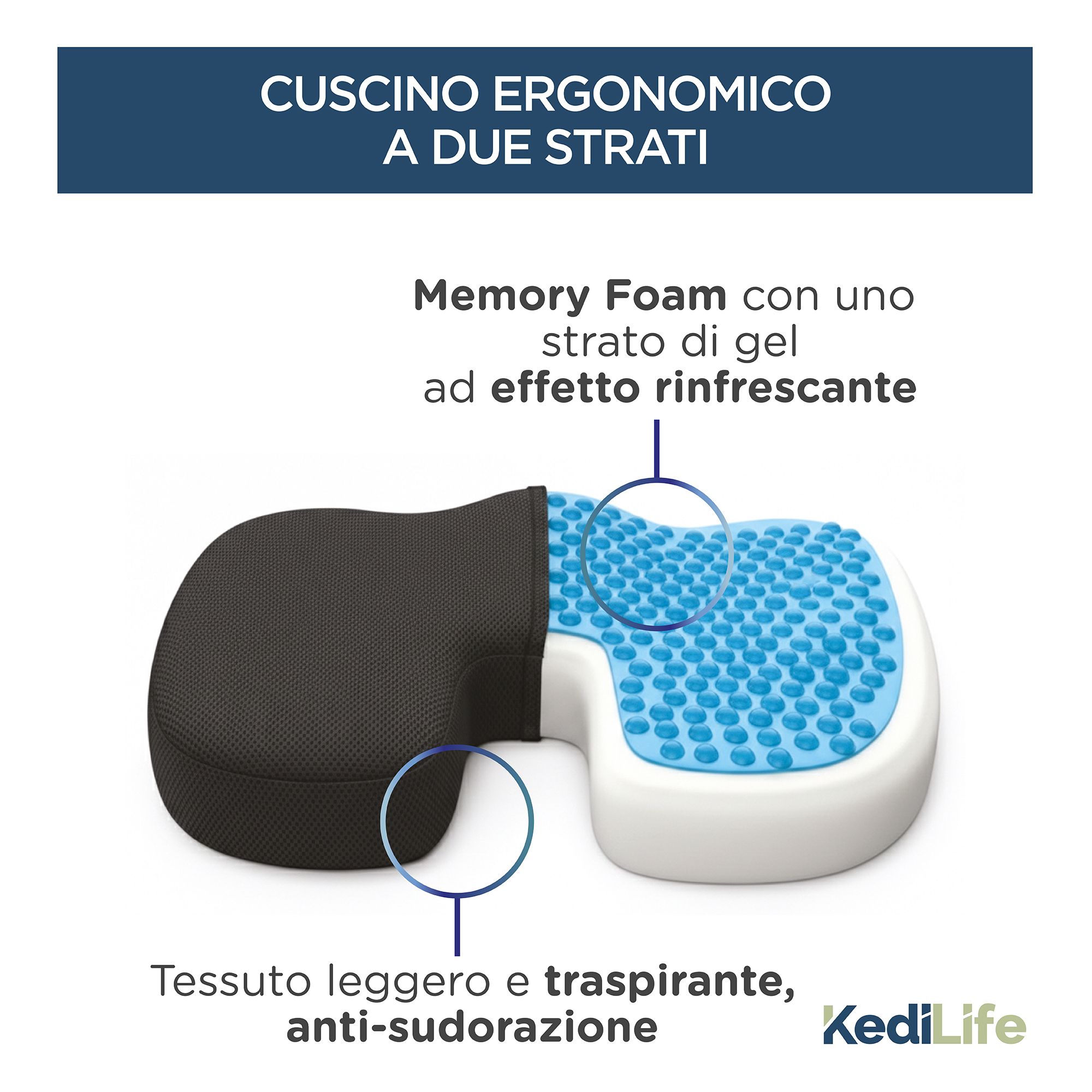Vista in sezione del cuscino: memory foam con gel rinfrescante.