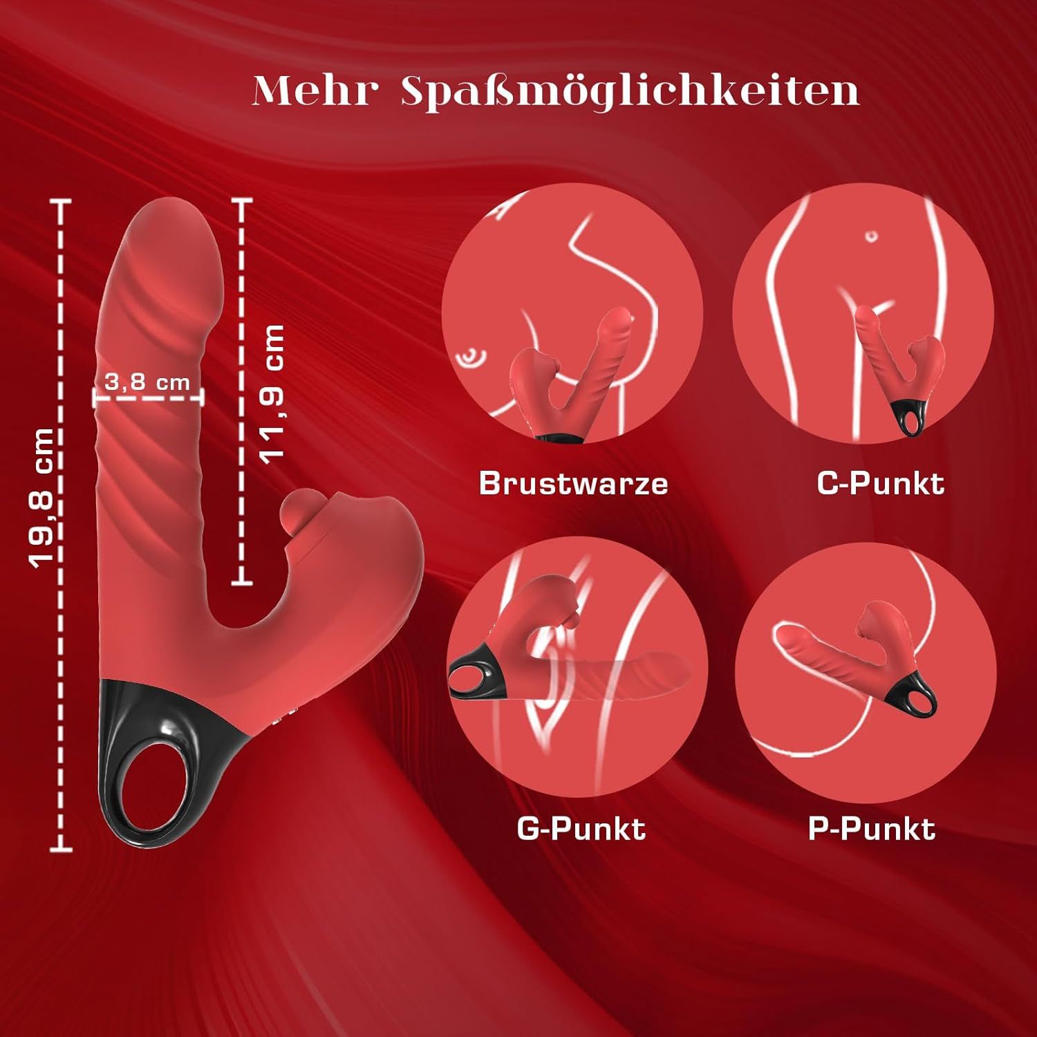 Vibratore dildo rosso con dimensioni: 19,8 cm di lunghezza, 3,8 cm di larghezza, 11,9 cm di diametro. Illustrazioni: capezzolo, punto C, punto G, punto P.