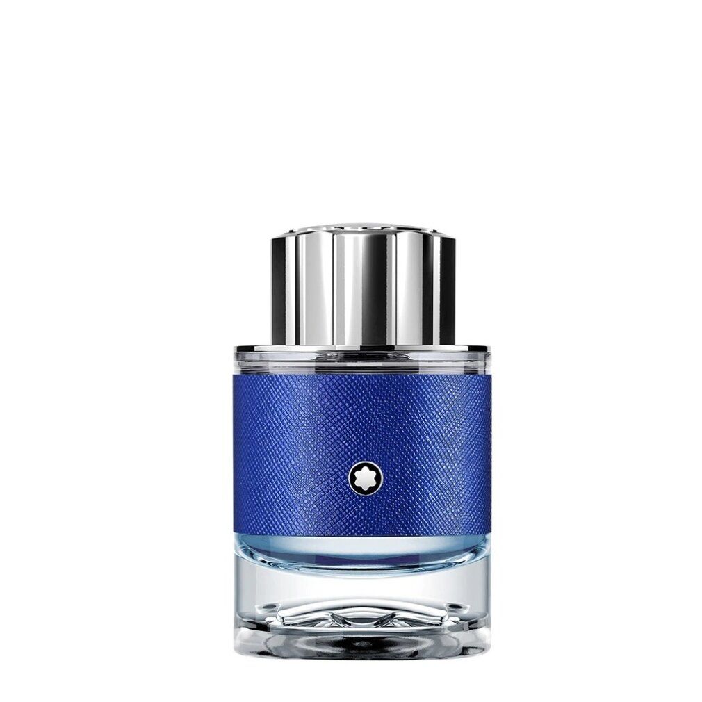 Flacone blu con tappo argentato. Logo Montblanc sulla parte blu. Base in vetro trasparente.