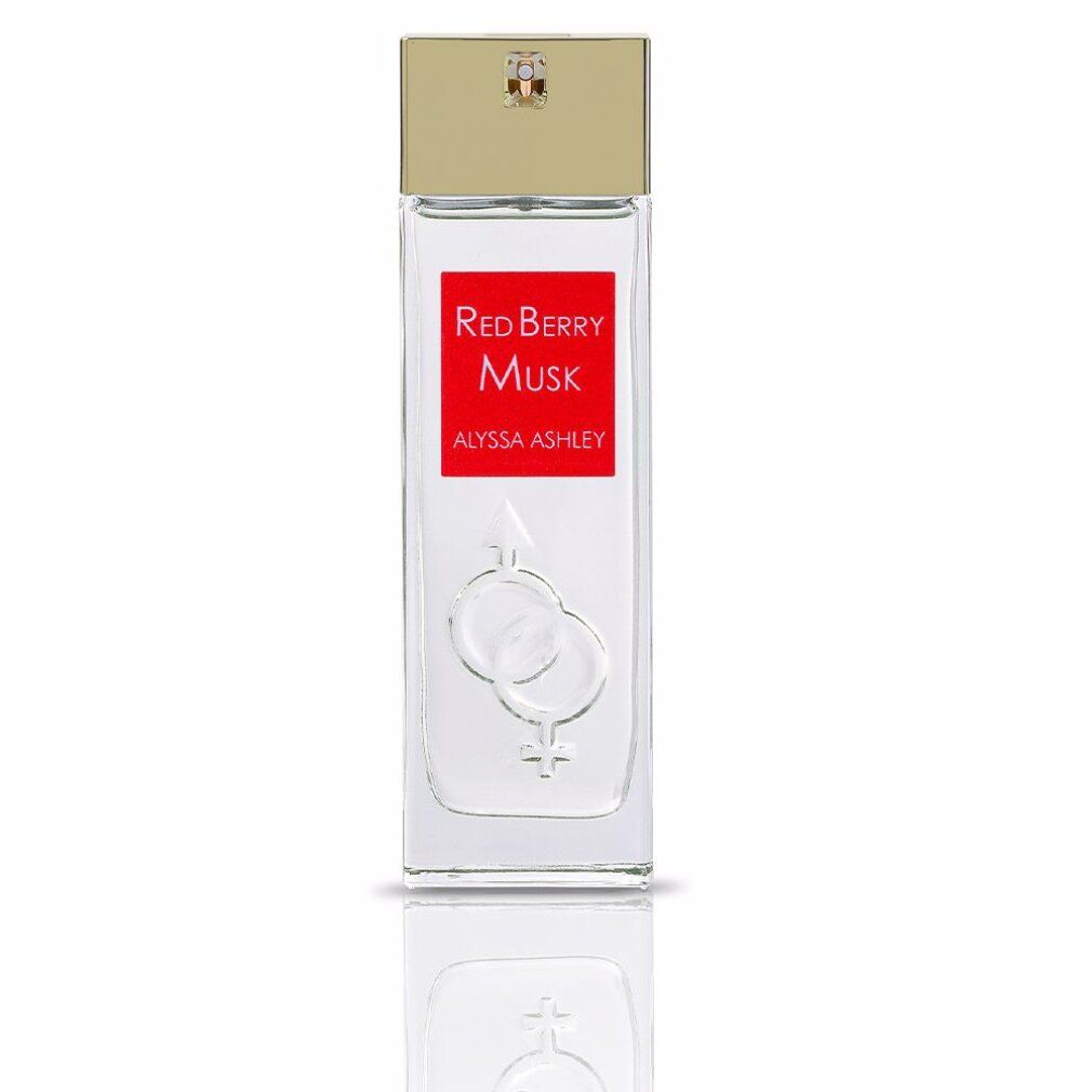 Flacone di profumo con etichetta rossa. Scritta: Red Berry Musk, Alyssa Ashley. Tappo dorato. Simbolo di genere.